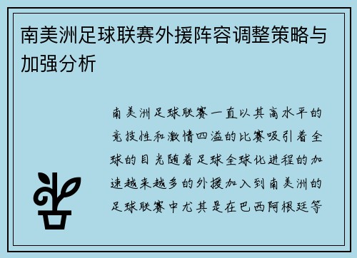 南美洲足球联赛外援阵容调整策略与加强分析