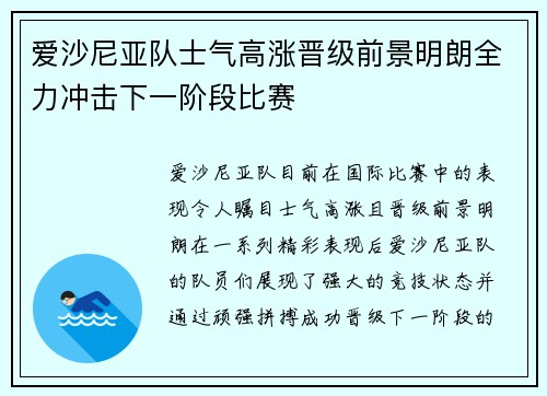 爱沙尼亚队士气高涨晋级前景明朗全力冲击下一阶段比赛